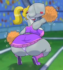 anthro big_butt biped blonde_hair bottomwear breasts butt cheerleader clothed clothing crouching female grey_body hair huge_butt looking_at_viewer looking_back panties pom_poms purple_clothing thick_thighs topwear underwear teenagebratwurst nickelodeon spongebob_squarepants pearl_krabs aquatic cetacean mammal sperm_whale toothed_whale whale absurd_res hi_res