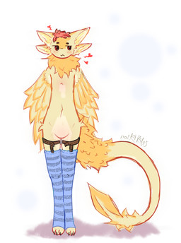 4_ears anthro bangs blush clothing embarrassed femboy hands_behind_back legwear male mane multi_ear paws red_eyes solo standing stockings suspenders yellow_body notkarales seshi_(notkarales) avali avian bird hi_res