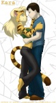 anthro avoid_posting bbmbbf blowup_background clothed clothing digital_media_(artwork) duo felid female female_on_human fur furryneko human human_on_anthro interspecies kara_(furryneko) male male/female male_on_anthro mammal pantherine romantic romantic_couple simple_background tail tiger
