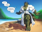 amber_eyes anthro barefoot beach big_muscles blue_hair claws clothed clothing dress feet female hair huge_muscles long_hair muscular muscular_anthro muscular_female pecs quadriceps seaside solo spikes tail text thick_thighs toe_claws walking agonwolfe armadillo_girdled_lizard girdled_lizard lizard reptile scalie english_text