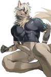 anthro balls black_nose blush claws clothed clothing finger_claws fur genitals green_eyes grey_body grey_fur humanoid_genitalia kemono looking_at_viewer male muscular muscular_anthro muscular_male neck_tuft pantsless penis shirt simple_background sitting solo tight_clothing tight_shirt tight_topwear topwear tuft dog23333 canid canine canis mammal wolf 2:3 hi_res