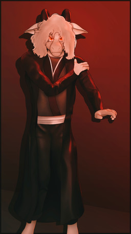 anthro black_bottomwear black_clothing black_horn black_pants black_robe black_topwear bottomwear clothed clothing fur glowing glowing_eyes hair horn male pants red_eyes robe solo topwear white_body white_fur white_hair conditional_dnp gusta bovid caprine goat mammal 9:16 hi_res