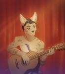 acoustic_guitar anthro big_ears black_nose curtains eyebrows fur guitar hair male markings music musical_instrument nice_hair playing_guitar playing_music plucked_string_instrument raised_eyebrow slim smile solo stage string_instrument white_body white_fur halybs indui mako_aluveaux felid feline mammal serval artist_collaboration half-length_portrait hi_res portrait