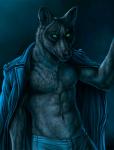 abs anthro biceps biped black_body black_fur black_nose bottomwear canid canine canis clothed clothing dark fur glowing glowing_eyes green_eyes grey_body grey_fur looking_at_viewer luther_denholme male mammal muscular muscular_anthro muscular_male night pants pecs pose rukis scar shirt solo standing topless topwear wolf