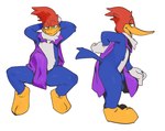 anthro balls beak biped blue_body blue_feathers bulge clothing erection erection_under_clothing feathers genitals green_eyes looking_at_viewer male open_mouth penis red_body red_feathers side_view simple_background solo tail white_background white_body white_feathers bebebebebe the_woody_woodpecker_show universal_studios woody_woodpecker avian bird picid woodpecker