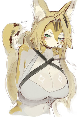 anthro big_breasts black_stripes blonde_hair blush blush_lines breasts cleavage closed_frown clothed clothing crop_top eyebrows eyelashes eyelashes_through_hair female fluffy fluffy_tail front_view frown frowning_at_viewer fur green_eyes hair hands_behind_back huge_breasts inner_ear_fluff leaning leaning_forward looking_at_viewer mouth_closed navel shirt simple_background solo stripes tail topwear translucent translucent_hair tuft white_background white_body white_clothing white_crop_top white_fur white_inner_ear_fluff white_topwear yellow_body yellow_fur sme4 mihoyo zenless_zone_zero pulchra_fellini felid feline mammal thiren 2025 colored_sketch half-length_portrait hi_res portrait sketch watermark