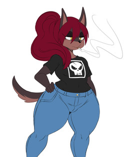 anthro breasts brown_body brown_fur cigarette clothed clothed_anthro clothed_female clothing female female_anthro fully_clothed fur hair half-closed_eyes hand_on_hip holding_object markings mole_(marking) mouth_hold narrowed_eyes ponytail red_hair simple_background small_breasts smoking solo white_background wide_hips yellow_eyes sssonic2 rose_(sssonic2) canid canine canis dobermann domestic_dog mammal pinscher 2019 absurd_res digital_media_(artwork) hi_res