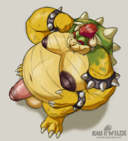 anthro areola armband balls belly big_belly bracelet claws collar fist genitals hair high-angle_view horn jewelry looking_at_viewer male moobs mostly_nude navel nipples nude obese obese_anthro obese_male overweight overweight_anthro overweight_male penis scales shell smile solo spiked_armband spiked_bracelet spiked_collar spiked_shell spikes spikes_(anatomy) husky2paws mario_bros mythology nintendo bowser dragon koopa mythological_creature mythological_scalie scalie 2025 better_version_at_source hi_res signature