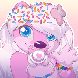 accessory anthro blue_eyes bow_ribbon bracelet femboy fur hair_accessory jewelry looking_at_viewer male object_in_mouth pacifier pacifier_in_mouth paws pink_body pink_fur solo sprinkles sprinkles_in_hair muffinscribbles katiepup mammal mustelid otter river_otter absurd_res hi_res icon