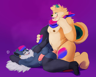 accessory adjusting_clothing anal anal_penetration anthro anthro_on_anthro anthro_penetrated anthro_penetrating anthro_penetrating_anthro areola balls bandana_on_head bisexual_pride_colors black_body black_eyebrows black_fur black_inner_ear black_nose blue_balls blue_body blue_fur bodily_fluids bodypaint brown_areola brown_nipples butt chest_tuft claws clothing dripping duo ear_piercing erection eye_bags eyebrows facial_piercing fluffy from_front_position fur genital_fluids genitals grey_body grey_fur hair half-closed_eyes hand_behind_head hand_on_belly headband headband_only humanoid_genitalia humanoid_penis interspecies kerchief kerchief_only kneeling kneeling_on_ground kneeling_sex lgbt_pride looking_at_another looking_at_partner looking_down looking_down_at_another looking_down_at_partner looking_up looking_up_at_another looking_up_at_partner lying male male/male male_penetrated male_penetrating male_penetrating_male mane markings missionary_position mostly_nude multicolored_body multicolored_fur narrowed_eyes nipples nude on_back on_bottom on_ground on_top open_mouth overweight overweight_male penetration penile penile_penetration penis piercing pink_penis precum precum_drip pride_color_accessory pride_color_clothing pride_color_paint pride_colors purple_background sex simple_background smile tail tan_body tan_fur teal_body teal_fur teeth thick_thighs tuft kureto chai_(phadora) canid canine canis domestic_dog mammal procyonid raccoon spitz digital_media_(artwork) hi_res