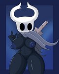 atf_crossgender black_body breasts cloak clothing crossgender female genitals hand_behind_back hi_res hollow_knight horn humanoid itf_crossgender nail nipples poraka7 pussy solo team_cherry the_knight_(hollow_knight) thick_thighs vessel_(species) weapon
