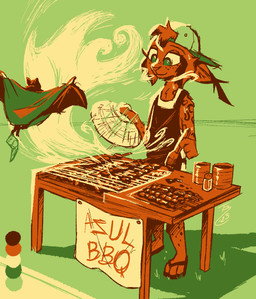 ambiguous_gender anthro backwards_baseball_cap backwards_hat baseball_cap clothed clothed_ambiguous clothed_anthro clothing color_swatch cooking flip_flops food footwear fully_clothed fully_clothed_ambiguous fully_clothed_anthro fur grass hat headgear headwear holding_object markings plant sandals shoes spots spotted_body spotted_fur theblueberrycarrots deke_(ittybittykittytittys) marc_(theblueberrycarrots) bat felid feline lynx mammal digital_drawing_(artwork) digital_media_(artwork) hi_res restricted_palette