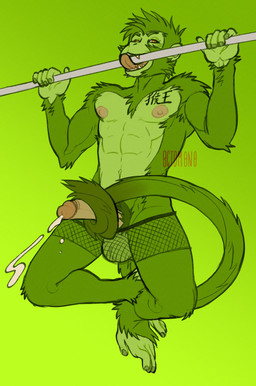 abs anthro athletic athletic_anthro athletic_male balls bite biting_object bodily_fluids chest_tattoo clothing cum erection exercise feet fishnet_clothing fishnet_underwear fur genital_fluids genitals green_background green_body green_fur humanoid_genitalia humanoid_penis long_tail male masturbation navel nipples orgasm pecs penile penile_masturbation penis prehensile_feet prehensile_tail pubes pull-up_(exercise) sex sexercise simple_background solo tail tail_around_penis tail_fetish tail_masturbation tail_play tail_sex tailjob tattoo toes tongue tongue_out underwear yellow_eyes 0ct0m0n0 houwang haplorhine mammal monkey primate digital_media_(artwork) hi_res signature