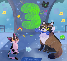 ambiguous_gender aquarium ball black_body black_fur blue_background blueprint chalk chalkboard countershading dipstick_paws drawing_in_a_drawing duo feral fur green_eyes holding_object holding_tool holding_wretch markings number open_mouth paws post-it_note railing simple_background sitting smile spots spotted_markings tennis_ball tools vivarium water whiskers white_body white_fur wretch shanhorandraws little_kitty_big_city little_kitty_(lkbc) tanuki_(lkbc) canid canine domestic_cat felid feline felis mammal raccoon_dog tanuki 2025 hi_res official_art shaded