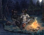 4_toes 5_fingers anthro barefoot black_body black_clothing black_fur black_hair black_legwear black_topwear blue_bottomwear blue_clothing blue_hair blue_pants blue_shorts bottomwear braided_hair breasts campfire camping candy claws closed_smile clothed clothing crossed_legs dessert detailed_background digitigrade dress_shirt duo eye_contact facial_piercing feet female fingers fire food forest fully_clothed fur grass hair hand_on_chin hand_on_leg hand_on_thigh hotpants legwear looking_at_another male male/female marshmallow moon mouth_closed night nose_piercing nose_ring open_mouth open_smile outside pants pawpads piercing pink_nose pink_pawpads plant purple_eyes ring_piercing roasting_marshmallow romantic romantic_couple shirt shorts sitting sitting_on_ground smile tail toe_claws toes topwear tree white_clothing white_shirt white_topwear yellow_eyes fight_(artist) hyena mammal 2021 digital_media_(artwork)