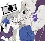 2019 animated_skeleton anthro blush bone boss_monster_(undertale) bovid caprine duo ellipsis female french_kissing fur hand_in_pocket hand_on_face heart_symbol holding_wrist humanoid kissing kneeling male male/female mammal pockets sans_(undertale) skeleton tongue toriel undead under10mato undertale undertale_(series) white_body white_fur