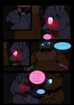 2015 animatronic anthro avj_(artist) bear blush bonnie_(fnaf) comic dialogue english_text five_nights_at_freddy's freddy_(fnaf) glowing glowing_eyes hi_res lagomorph leporid machine mammal rabbit robot scottgames text
