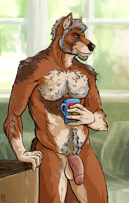 anthro balls beard body_hair chest_hair container cup facial_hair flaccid foreskin genitals holding_container holding_cup holding_mug holding_object humanoid_genitalia humanoid_penis male male_anthro mature_anthro mature_male mug musclegut muscular nude nude_anthro nude_male penis pubes solo standing tanutanuki superman_(series) canid canine canis domestic_dog mammal 2016