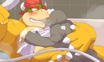 anthro bathing blush duo hug kemono lying male overweight overweight_male yoshizaurusu_n bowser_day mario_bros nintendo bowser koopa scalie 2020 hi_res