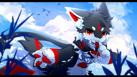 4_fingers anthro biped black_body black_fur blue_sky chest_tuft claws cloud cloudy_sky day fingers fluffy fluffy_tail fur inner_ear_fluff kemono lake light looking_at_viewer male markings multicolored_body multicolored_fur neck_tuft outside pawpads paws pose red_eyes red_markings scarf sky smile smiling_at_viewer solo sunlight tail tuft water white_body white_clouds white_fur hlg7777 avian bird canid canine canis domestic_dog husky hybrid mammal nordic_sled_dog spitz wolfdog 2023 digital_drawing_(artwork) digital_media_(artwork) shaded wallpaper