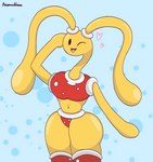 anthro breasts clothed clothing digital_media_(artwork) female fusion generation_2_pokemon generation_4_pokemon heart_symbol hi_res hybrid hybrid_pokemon looking_at_viewer lopunny moonabloom navel nintendo one_eye_closed open_mouth pigtails pokemon pokemon_(species) pokemon_fusion shell shuckle simple_background smile solo thick_thighs tongue wide_hips wink yellow_body