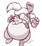 3_toes 4_fingers anthro anthro_on_anthro belly belly_hug belly_rub big_belly biped bottomless clothed clothing duo eyes_closed feet fingers fur hug inside_clothing larger_male male male/male overweight overweight_anthro overweight_male presenting size_difference smaller_male smile toes teaselbone disney talespin the_jungle_book artfulreggie baloo bear canid canine fox mammal sloth_bear ursine 2013 monochrome red_and_white