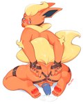 anthro anthrofied backsack ball_gag balls bdsm belt blush bodily_fluids bondage bound butt chastity_device cum feet gag genital_fluids genitals kneeling looking_at_viewer looking_back looking_back_at_viewer male nude orgasm_face pawpads penis penis_backwards pokemorph rear_view solo sweat unsupported_chastity_cage malvyper nintendo pokemon eeveelution flareon generation_1_pokemon pokemon_(species) 4:5 absurd_res hi_res