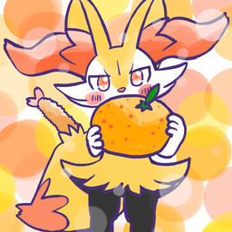 ambiguous_anthro ambiguous_gender anthro biped blush blush_stickers digitigrade dipstick_tail food fruit holding_food holding_fruit holding_object holding_orange looking_at_viewer markings micro object_in_tail orange_(fruit) plant shrimp_(food) simple_background solo standing tail tail_markings annyui0611 nintendo pokemon braixen canid generation_6_pokemon mammal pokemon_(species) 1:1 2025 digital_drawing_(artwork) digital_media_(artwork) hi_res japanese_description portrait three-quarter_portrait translated_description
