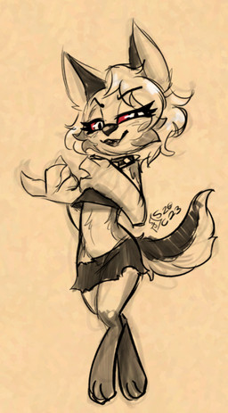 adolescent aged_down anthro clothed clothed_anthro clothed_female clothing collar female female_anthro logo looking_at_viewer midriff red_eyes simple_background skimpy solo spiked_collar spikes tan_background text three-quarter_view young young_anthro young_female soulcentinel hellaverse helluva_boss mythology loona_(helluva_boss) canid canid_demon canine demon hellhound mammal mythological_canine mythological_creature 2023 artist_logo dated english_text full-length_portrait greyscale guide_lines handwritten_text monochrome portrait signature sketch spot_color