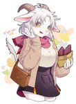 anthro autumn bottomwear brown_horn cardigan clothing duo female food fur ginkgo_leaf_(plant) hair handbag horn kemono licking licking_lips licking_own_lips long_ears looking_at_viewer miniskirt pink_nose plant scarf self_lick skirt sweater sweater_vest sweet_potato tongue tongue_out topwear vegetable vest white_body white_fur white_hair yellow_eyes ningenzoo rami_(fkworkzonemk2) bovid caprine goat mammal hi_res