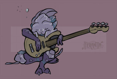 2_fingers 2_toes bass_guitar big_eyes blue_markings bottomwear chibi claws clothing denim denim_bottomwear denim_clothing eyes_closed feet fingers footwear front_view grey_clothing guitar jeans legwear male markings musical_instrument pants pink_background plucked_string_instrument purple_body purple_claws simple_background sitting socks solo string_instrument toes toony white_markings raiyk bioware electronic_arts mass_effect fan_character loganhen alien turian colored digital_media_(artwork) flat_colors full-length_portrait portrait signature