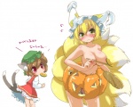 2_tails 9_tails adult_focus blonde_hair blush breasts brown_hair clothed clothing duo female food fruit genitals hair hat headgear headwear looking_at_viewer mouth_hold multi_tail nude plant pumpkin pussy red_eyes short_hair simple_background tail tail_under_skirt white_background yellow_eyes young ikuta_takanon touhou chen_(touhou) ran_yakumo animal_humanoid canid canid_humanoid canine canine_humanoid cat_humanoid felid felid_humanoid feline feline_humanoid fox fox_humanoid humanoid mammal mammal_humanoid