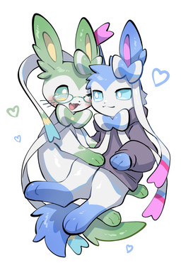black_clothing black_hoodie black_topwear blue_eyes blue_tail blush clothing duo eyewear fangs feral fur glasses green_body green_eyes green_fur green_tail heart_symbol hoodie hug hugging_another looking_at_another male open_mouth open_smile ribbons_(anatomy) simple_background sitting_on_another's_leg smile smiling_at_another tail teeth topwear whiskers nullma nintendo pokemon delisylvi_(character) polveon_(character) eeveelution generation_6_pokemon mammal pokemon_(species) shiny_pokemon sylveon absurd_res hi_res