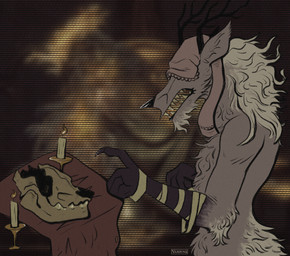 altar anthro antlers bandage bone candle faceless_character female horn sharp_teeth skull solo teeth text vaxhunt bloodborne fromsoftware sony_corporation sony_interactive_entertainment vicar_amelia beast_(bloodborne) monster english_text hi_res