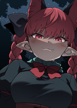 4_ears :3 accessory blush bow_ribbon braided_hair breasts cat_smile clothing corset cute_fangs fangs female green_clothing hair hair_accessory hair_bow hair_ribbon humanoid_pointy_ears lingerie looking_at_viewer multi_ear night one_fang pigtails pointy_and_animal_ears pointy_ears red_eyes red_hair ribbons sky snaggle_tooth solo star teeth topwear twin_braids twintails_(hairstyle) urazasa touhou rin_kaenbyou animal_humanoid cat_humanoid felid felid_humanoid feline feline_humanoid humanoid mammal mammal_humanoid absurd_res hi_res