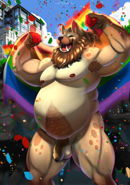 anthro areola armpit_hair balls beard belly biceps big_belly body_hair confetti facial_hair flaccid flag flag_(object) foreskin fur genitals hair happy holding_flag holding_object humanoid_genitalia humanoid_penis lgbt_pride male moobs musclegut muscular muscular_anthro muscular_male nipples nude obese obese_anthro obese_male open_mouth outdoor_nudity outside overweight overweight_anthro overweight_male penis pride_color_flag pride_colors pride_parade public public_nudity rainbow_flag rainbow_pride_colors rainbow_symbol six-stripe_rainbow_pride_colors smile solo standing tail teeth unretracted_foreskin nekochan002 hyena mammal digital_media_(artwork) hi_res