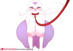 anthro areola bell bell_collar big_breasts breasts collar female fur huge_hips huge_thighs looking_at_viewer nipple_dip nipples pink_areola pink_nipples purple_body purple_fur red_eyes simple_background solo tail thick_thighs white_body white_fur wide_hips voicedbarley nintendo pokemon generation_5_pokemon mammal mienshao pokemon_(species)