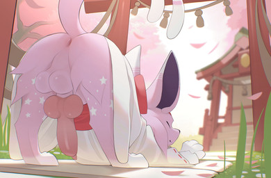 4_toes animal_genitalia animal_penis anus asian_clothing ass_up balls bow_ribbon butt canine_genitalia canine_penis cherry_blossom cherry_blossom_tree cherry_tree clothed clothed_feral clothing digitigrade east_asian_clothing erection eyes_closed feet feral flower forehead_gem forked_tail fruit_tree fur gem genitals grass happy japanese_clothing knot knotted_penis leaning leaning_forward male markings miko_outfit multicolored_body multicolored_fur paws penis pink_body pink_fur plant presenting presenting_hindquarters prunus_(flower) purple_body purple_fur quadruped raised_tail rear_view shimenawa shrine solo star_(marking) stretching stripes tail toes torii tree unusual_anatomy unusual_tail white_body white_fur zoledream nintendo pokemon momo_(espeon) eeveelution espeon generation_2_pokemon pokemon_(species) absurd_res hi_res
