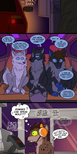 backseat blue_eyes blue_insides brown_body brown_fur brown_mane car dialogue drive-thru electronics female female_feral feral fur gloves_(marking) grey_body grey_fur group headgear headphones headset humor leg_markings male male_feral mane markings night profanity socks_(marking) speech_bubble text vehicle pankallisti aisling_(mistyfur) circe_(pankallisti) dot_(patchesdotpdf) malakai_(malakai) canid canine canis hyena mammal wolf absurd_res comic english_text hi_res daughter_(lore) mother_(lore) mother_and_child_(lore) mother_and_daughter_(lore) mother_and_son_(lore) parent_(lore) parent_and_child_(lore) parent_and_daughter_(lore) parent_and_son_(lore) son_(lore)