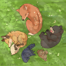 ambiguous_gender beak black_body black_fur blush bodily_fluids brown_body brown_fur claws day drooling eyes_closed feathered_wings feathers feet feral flower fur grass grey_body group lying markings multicolored_body multicolored_tail on_side orange_body orange_fur outside paws plant saliva sleeping smile spots spotted_body spotted_fur tail tan_body toes tongue tongue_out wings fusau avian bear bird canid canine corvid corvus_(genus) deer fox lagomorph leporid mammal oscine passerine rabbit rodent sciurid tree_squirrel ursine 1:1 2023 digital_media_(artwork) hi_res