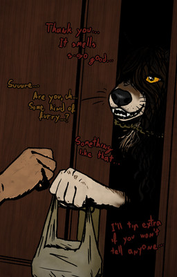 ambiguous_gender anthro big_nose brown_body brown_fur brown_hair delivery_(commerce) delivery_employee dialogue door duo female food fur hair hiding holding_bag holding_food holding_object teeth whiskers yellow_eyes kawattame mythology canid canine human mammal mythological_canine mythological_creature werecanid werecanine werecreature werewolf colored shaded
