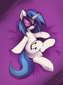 bedding bedding_background bedroom_eyes blue_mane blue_tail butt cutie_mark eyelashes eyewear female feral fluffy fluffy_tail fur glasses hooves horn long_mane long_tail looking_at_viewer looking_back looking_back_at_viewer lying mane multicolored_mane narrowed_eyes on_side seductive smile solo tail tinted_glasses two_tone_mane two_tone_tail unicorn_horn white_body white_fur ather_os friendship_is_magic hasbro my_little_pony mythology vinyl_scratch_(mlp) equid equine mammal mythological_creature mythological_equine unicorn 2024 absurd_res digital_drawing_(artwork) digital_media_(artwork) hi_res