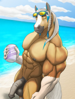 abs animal_genitalia animal_penis anthro areola beach beverage_can biceps body_hair cloud deltoids equine_genitalia equine_penis forearm_muscles genitals half-erect happy_trail looking_at_viewer male muscular muscular_anthro muscular_male nipples nude obliques pecs penis quads sand smile solo standing trapezius triceps v-cut water zwolf equid equine horse mammal hi_res