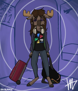 airport anthro antlers backpack black_clothing black_hooves black_shirt black_topwear blue_bottomwear blue_clothing blue_pants bottomwear brown_body brown_fur brown_hair clothed clothing digitigrade dipstick_ears ear_markings ear_piercing eye_bags eyes_closed fingerless_(marking) front_view fur gauged_ear grey_clothing grey_jacket grey_topwear hair hooves horn jacket luggage male multicolored_ears open_clothing open_jacket open_topwear pants piercing purple_shadow shirt solo tan_antlers terminal tired topwear brutalmoose_(artist) brutalmoose deer mammal moose new_world_deer hi_res