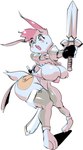 anthro armor barefoot big_breasts blush breasts clothing feet female holding_melee_weapon holding_object holding_sword holding_weapon legwear melee_weapon open_mouth pink_body simple_background solo stockings sword weapon white_background white_body riderx lagomorph leporid mammal rabbit 2021