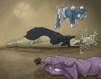 ambiguous_gender annoyed bloodshot_eyes blue_body blue_fur claws covering covering_ears eyes_closed feral fin flippers forehead_gem fur gem group hay hay_bed inside jewelry jumping lying male navy_fur necklace on_front open_mouth purple_body purple_fur sleeping snoring startled straw_bed tan_body tan_fur trio wide_eyed slavv0 nintendo pokemon pokemon_mystery_dungeon spike_chunsoft aquatic brionne eeveelution espeon generation_2_pokemon generation_7_pokemon mammal mustelid pinniped pokemon_(species) typhlosion signature watermark