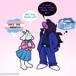 2_horns anthro biped blush blush_lines bodily_fluids bottomwear bow_ribbon brown_hair clothed clothed_anthro clothed_female clothed_male clothing color_coded color_coded_speech_bubble color_coded_text crossdressing crossdressing_female crossdressing_male cute_fangs daww dialogue duo embarrassed eyewear fangs female female_anthro floppy_ears fur glasses gradient_background grammatical_error hair hand_in_pocket hands_together horn lgbt_pride long_hair male male_anthro nervous nervous_smile nervous_sweat open_mouth open_smile pink_background pink_horn pockets pride_colors purple_body purple_scales question_mark scales scut_tail short_tail simple_background skirt smile snout speech_bubble sweat sweatdrop tail talking_to_another teeth text thought_bubble three-quarter_view transgender_pride_colors wearing_glasses white_background white_body white_fur yellow_sclera yellow_teeth unamusedyams deltarune undertale_(series) yu-gi-oh! ralsei susie_(deltarune) bovid caprine darkner goat mammal scalie 1:1 2026 artist_name digital_drawing_(artwork) digital_media_(artwork) english_description english_text full-length_portrait hi_res portrait trans_(lore) trans_woman_(lore)