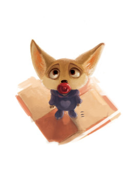 anthro brown_eyes clothed clothing costume fully_clothed fur high-angle_view inner_ear_fluff object_in_mouth pacifier pacifier_in_mouth simple_background solo standing tan_body tan_fur tuft white_background crayonbot disney zootopia finnick_(zootopia) canid canine fennec_fox fox mammal true_fox 2016