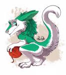 ambiguous_gender anthro ball blue_eyes butt claws crouching fur green_body green_fur green_hair hair long_hair looking_at_viewer nude raised_tail simple_background solo tail text toe_claws white_background white_body white_fur yarn re-re excidium sergal 2017 english_text hi_res signature