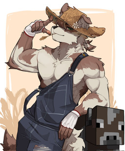 5_fingers anthro arm_tuft black_nose brown_body brown_fur cheek_tuft chest_tuft clothing elbow_tuft facial_tuft fingerless_gloves fingerpads fingers floppy_ears fur furgonomic_hat furgonomic_headwear furgonomics gloves green_eyes hair handwear hat hay headgear headwear inner_ear_fluff looking_at_viewer male multicolored_body multicolored_fur muscular muscular_anthro muscular_arms muscular_male overalls overalls_only pawpads pecs pink_pawpads seductive shoulder_tuft simple_background solo straw_hat stubble tail tied_hair tuft two_tone_body two_tone_fur white_body white_clothing white_fingerless_gloves white_fur white_gloves white_handwear yellow_background l4ng microsoft minecraft mojang xbox_game_studios canid canine canis cow_(minecraft) domestic_dog mammal 2026 digital_drawing_(artwork) digital_media_(artwork) hi_res